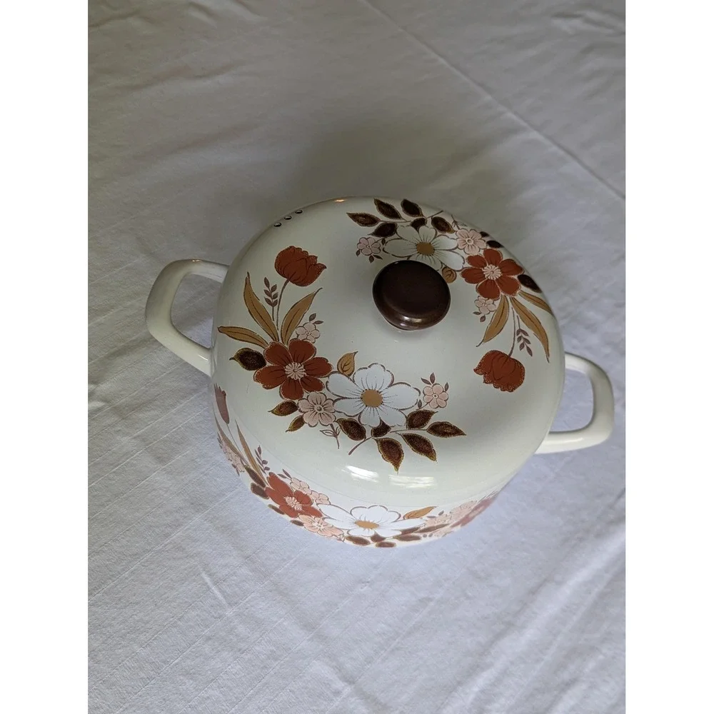 Vintage Kingsbury Dogwood Cooking Pot w & Lid 70's Enamelware Floral Mid-Century